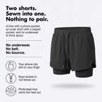 Two shorts sewn into one: a liner with a phone pocket, an outer short with a zipped pocket, and no underwear needed