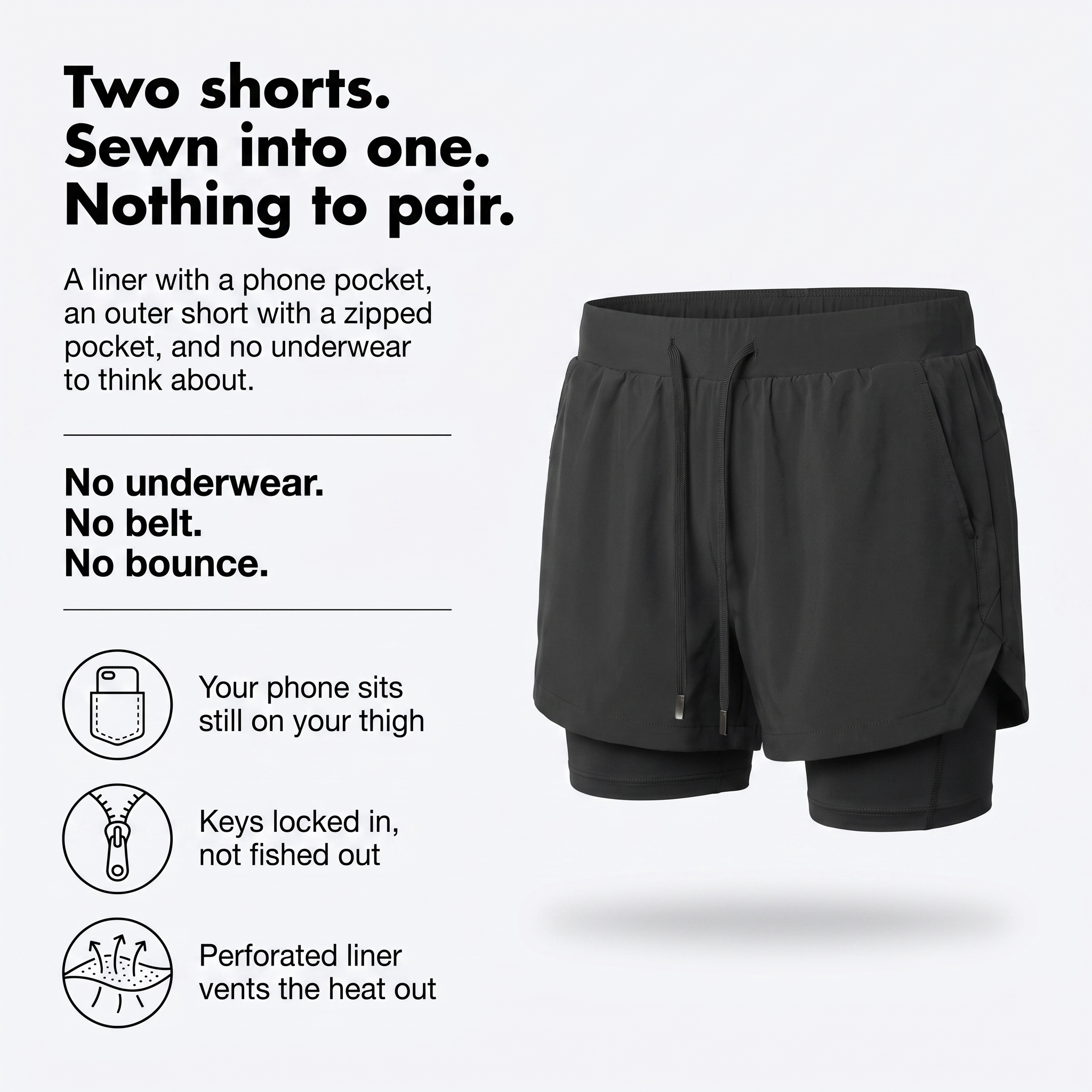 Two shorts sewn into one: a liner with a phone pocket, an outer short with a zipped pocket, and no underwear needed