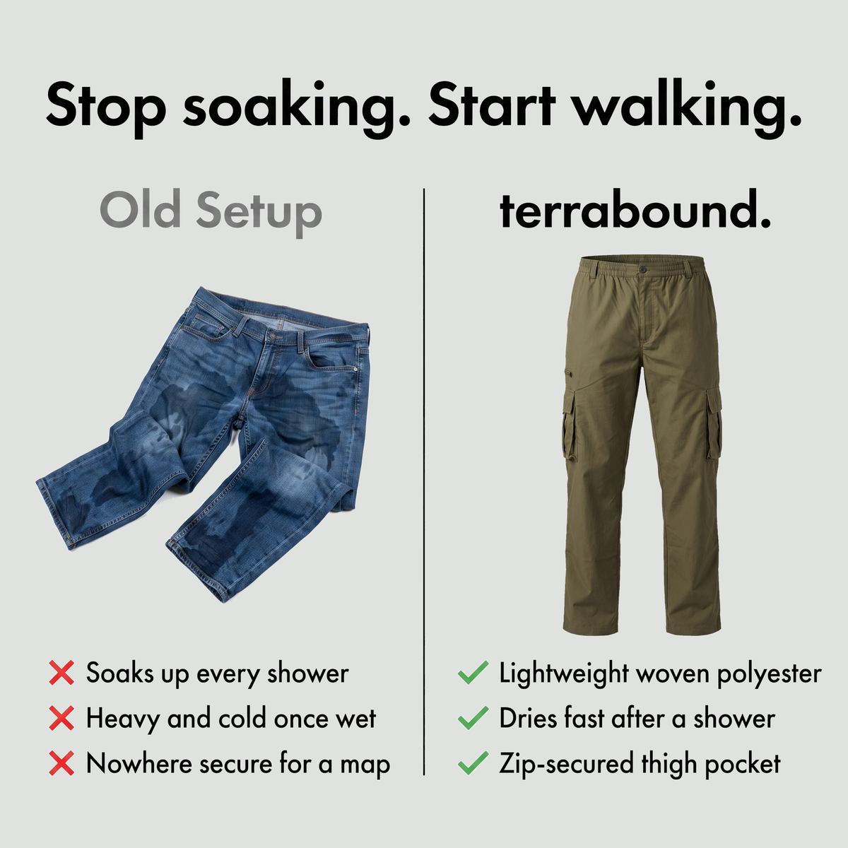 Comparison: wet heavy denim versus the terrabound lightweight walking trousers