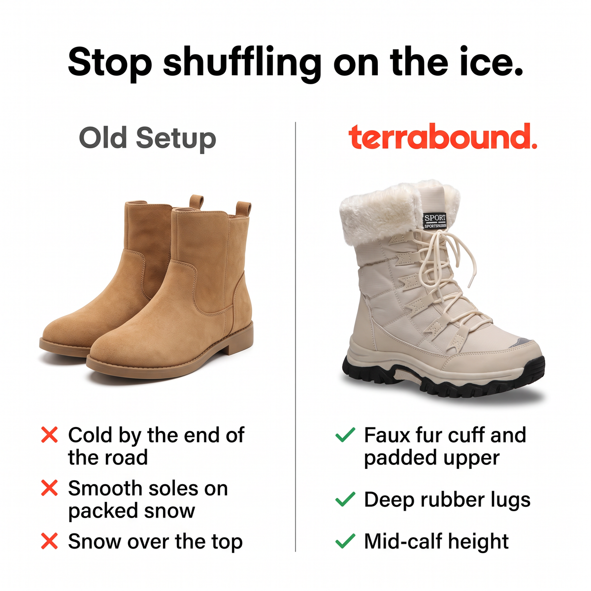 Smooth-soled ankle boots compared with the Terrabound lace up snow boots