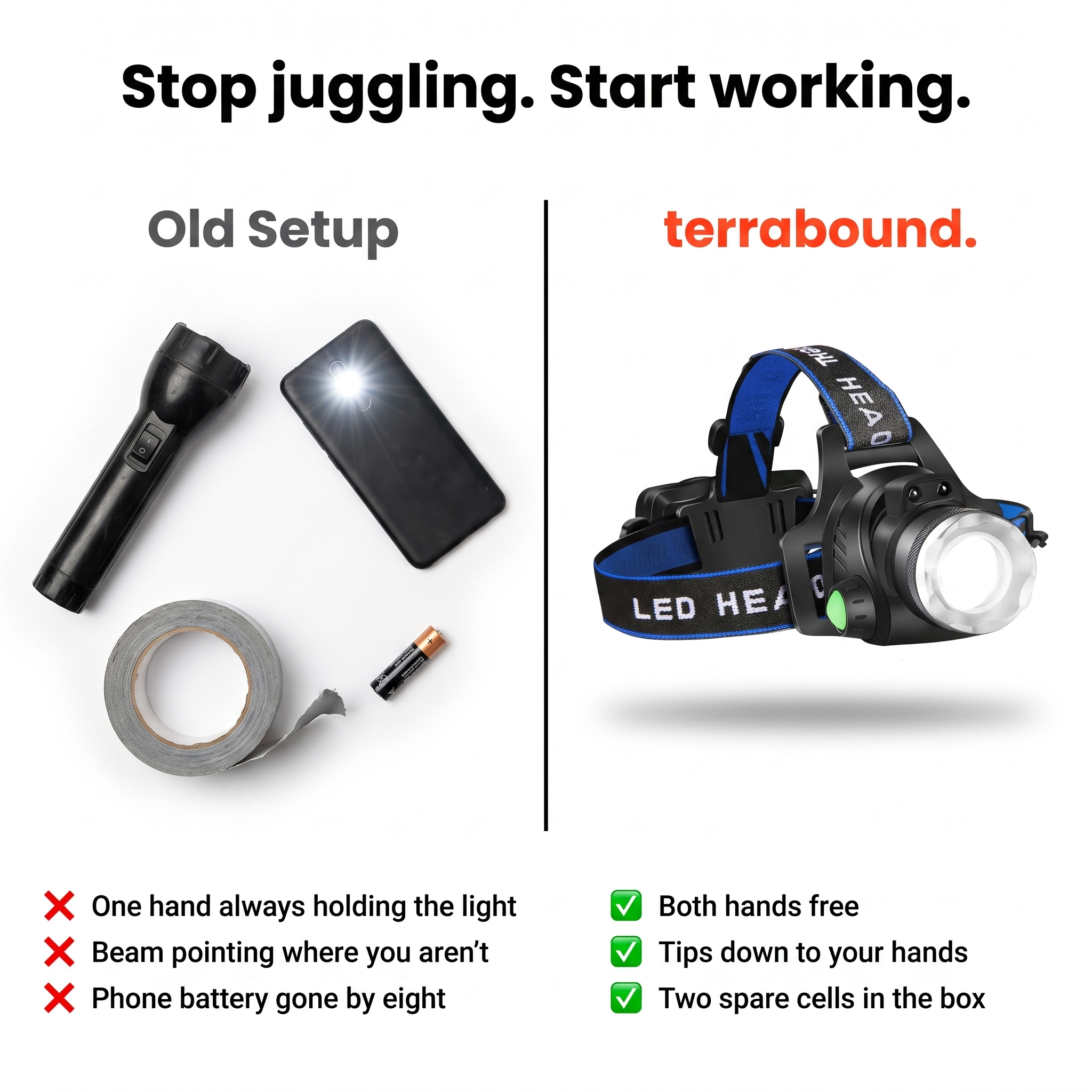 Hand torch, phone torch and tape compared with the hands-free head torch