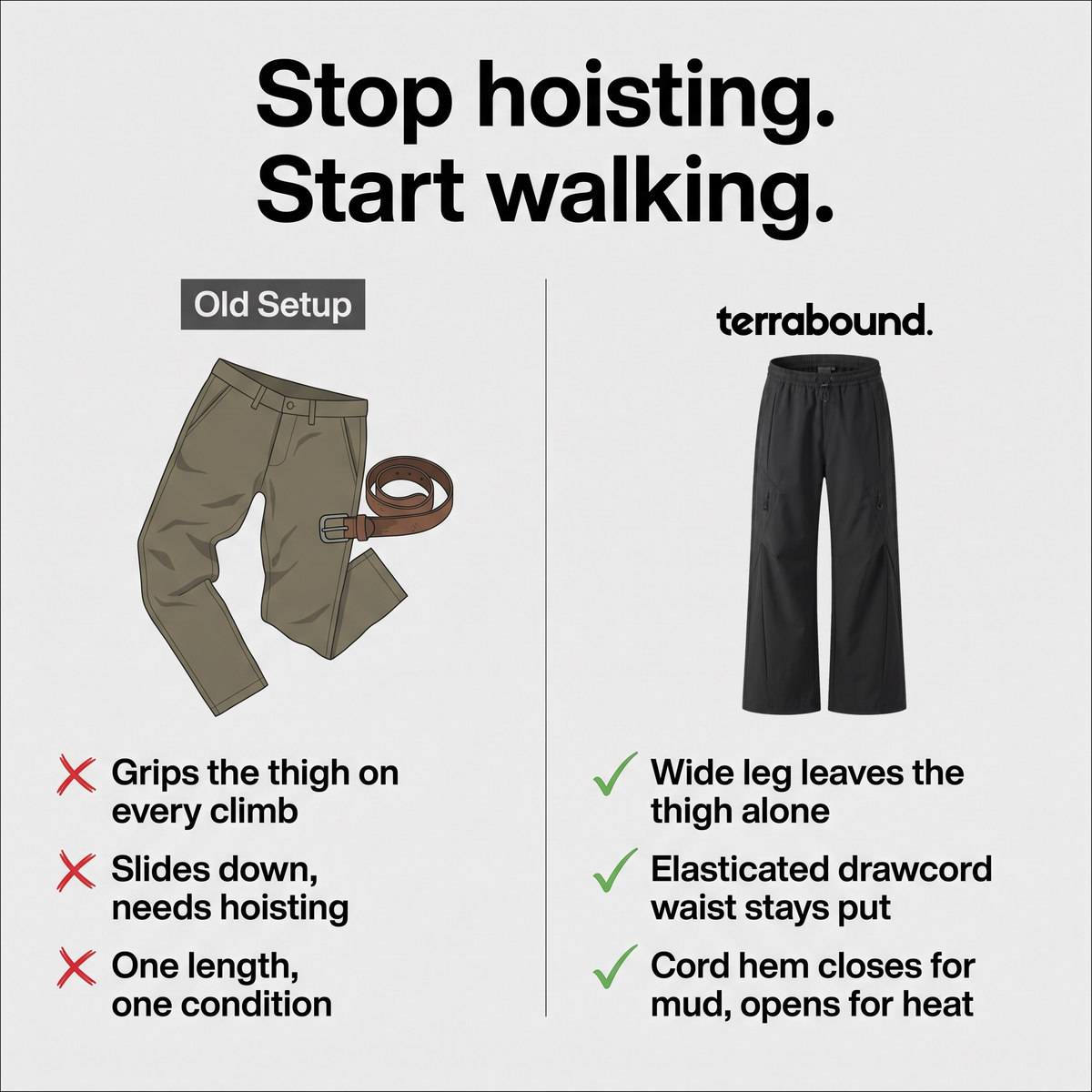 The women's wide leg walking trousers compared with a slim walking trouser and belt: wide leg leaves the thigh alone, elasticated drawcord waist stays put, cord hem closes for mud