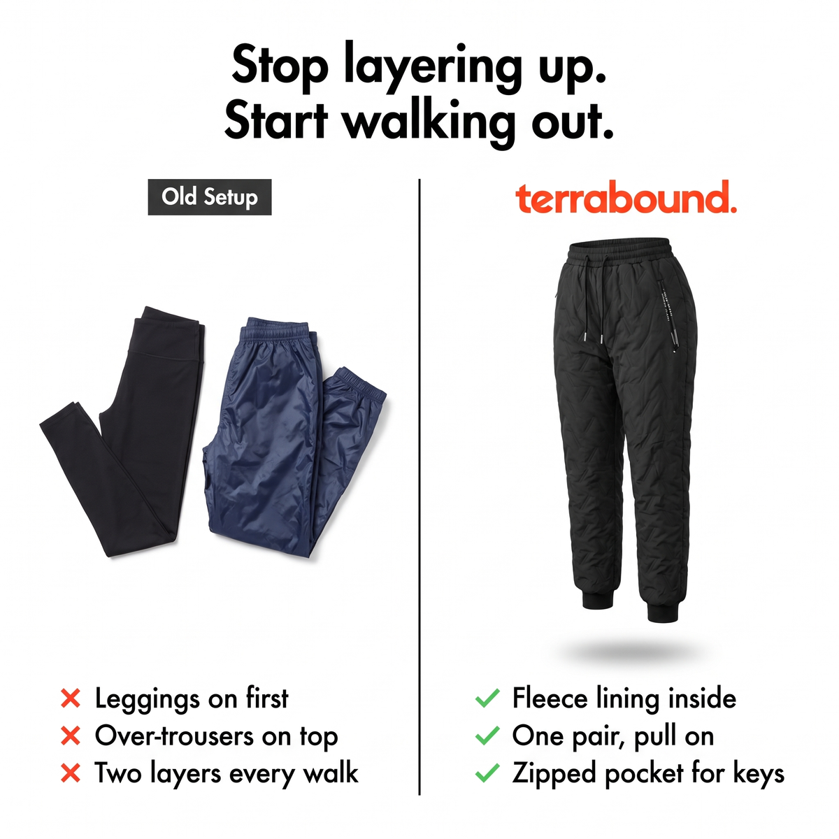 Women's fleece lined quilted trousers compared with leggings and over-trousers
