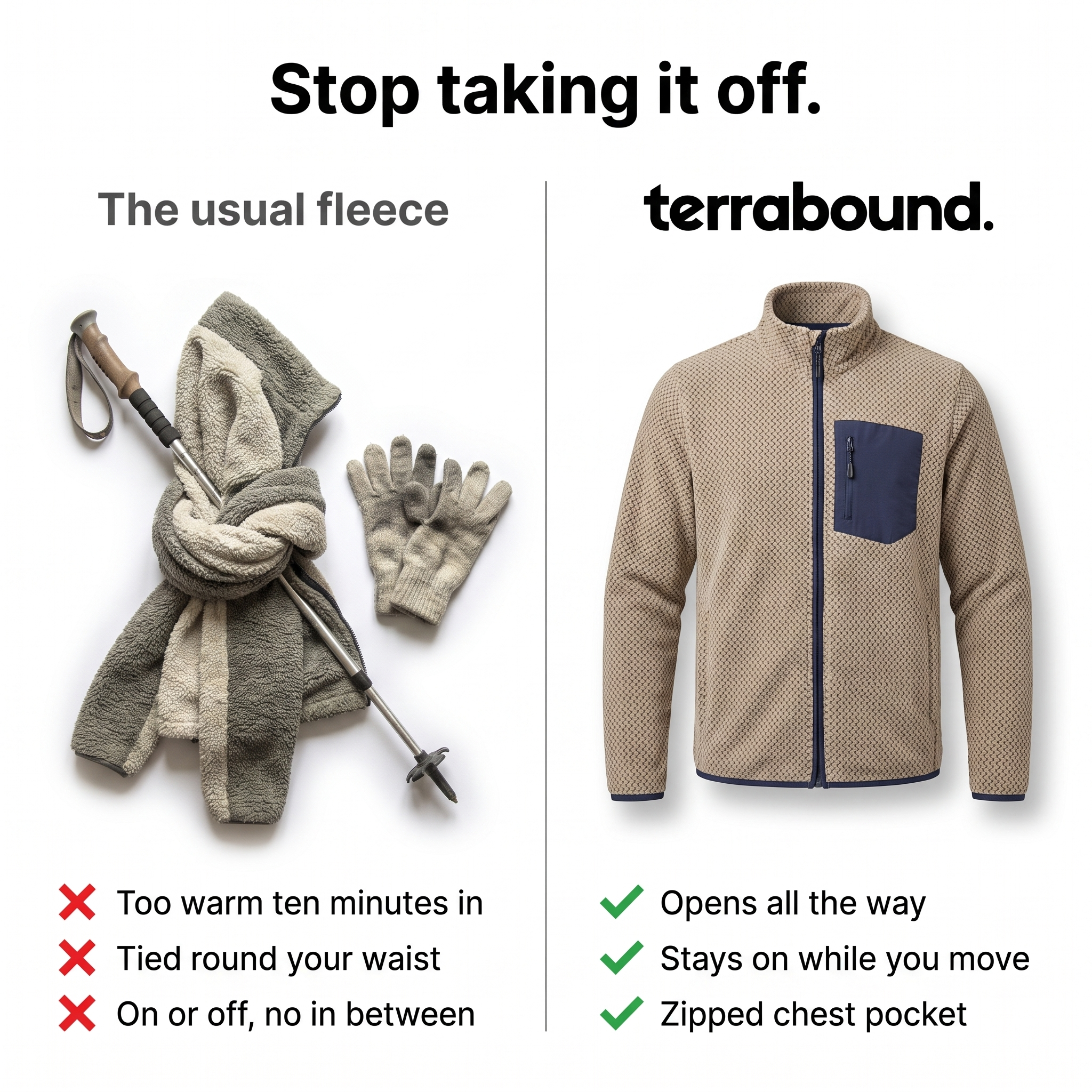 Compared with a bulky fleece: opens all the way, stays on while you move