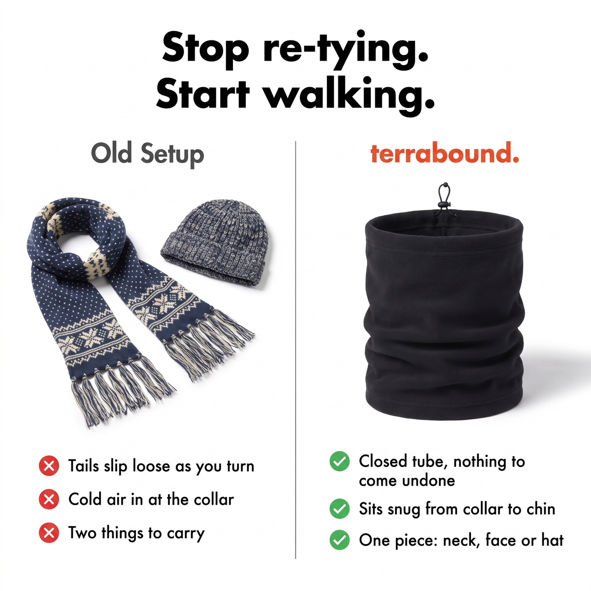 Scarf and hat compared with the one-piece fleece snood