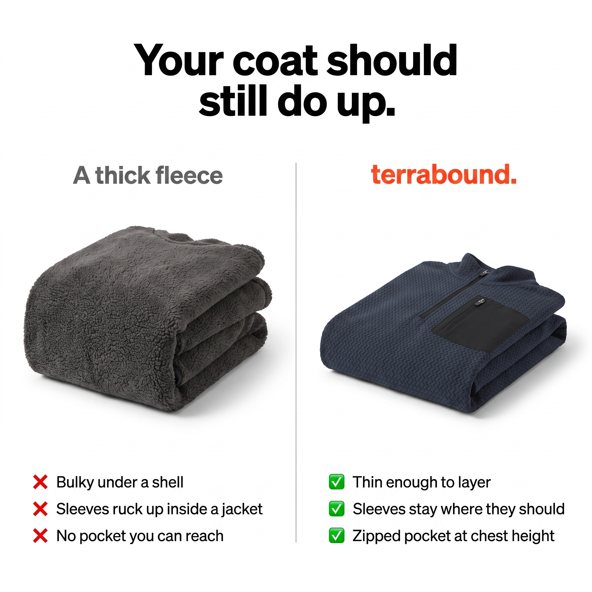 A thick fleece compared with the textured quarter zip, folded