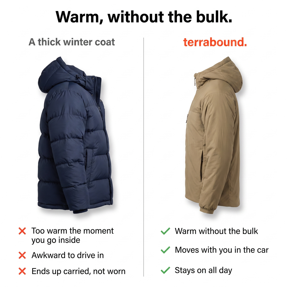 A thick winter coat compared with the lightweight padded jacket