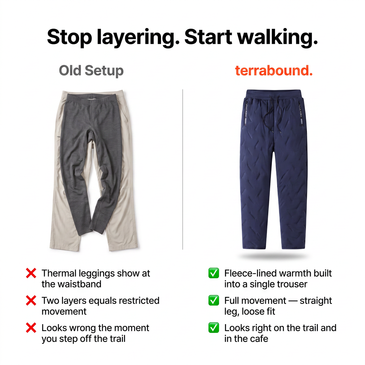 Stop layering. Start walking. — comparison graphic