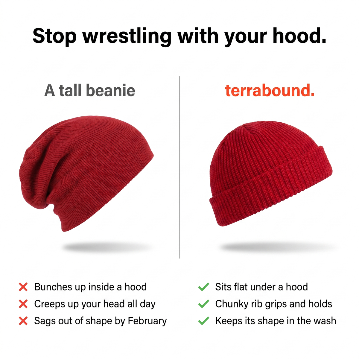 A tall slouchy beanie compared with the short cuffed beanie