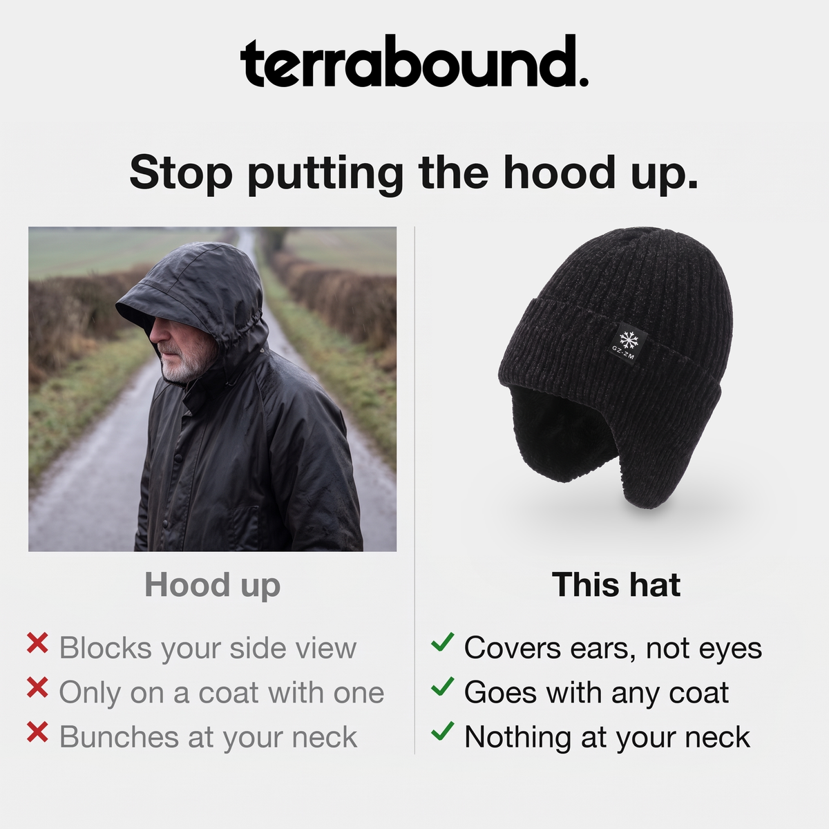 Winter hat with ear flaps compared with wearing a jacket hood up