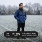 Man wearing the puffer jacket on a frosted touchline with the key specifications listed