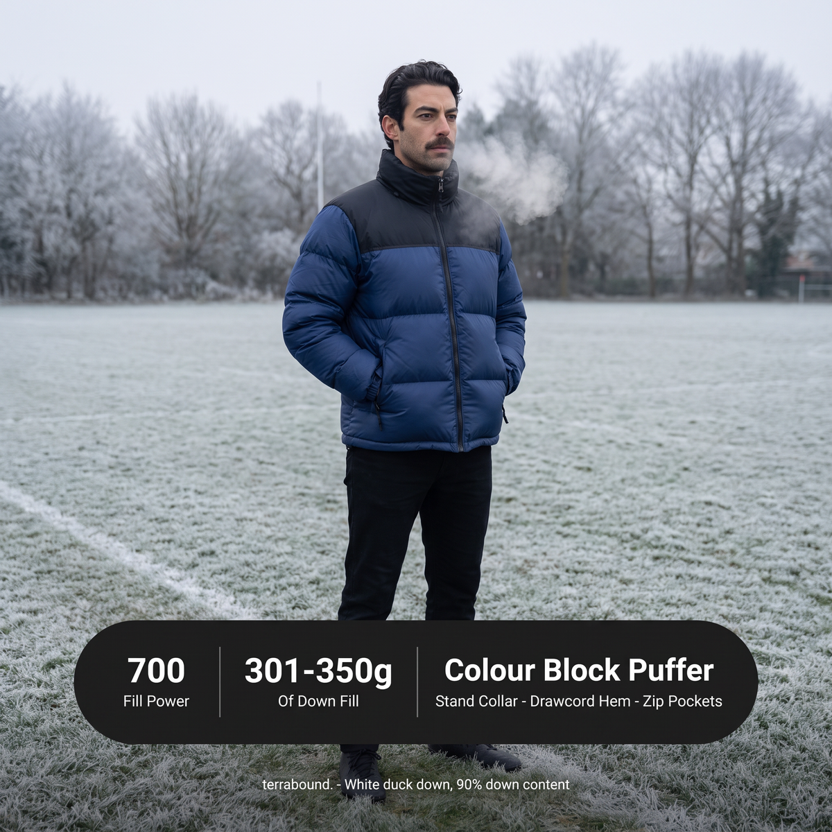 Man wearing the puffer jacket on a frosted touchline with the key specifications listed