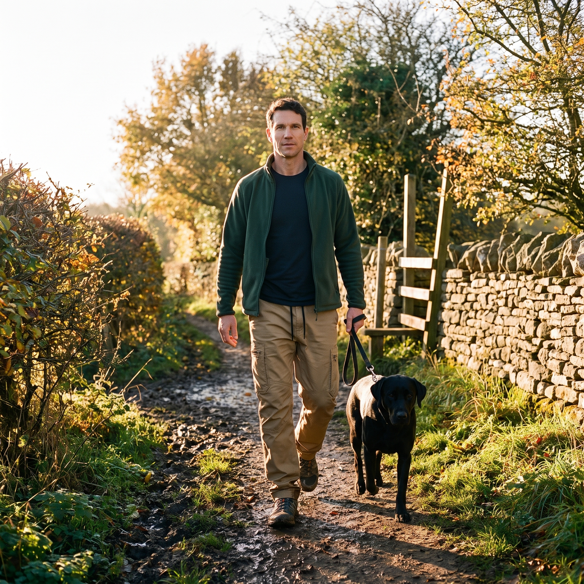 Man walking a Labrador on a countryside footpath in Britain wearing Dark Khaki combat trousers