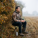 Man in the Leaf Camo jacket sitting at a hedgerow in the British countryside