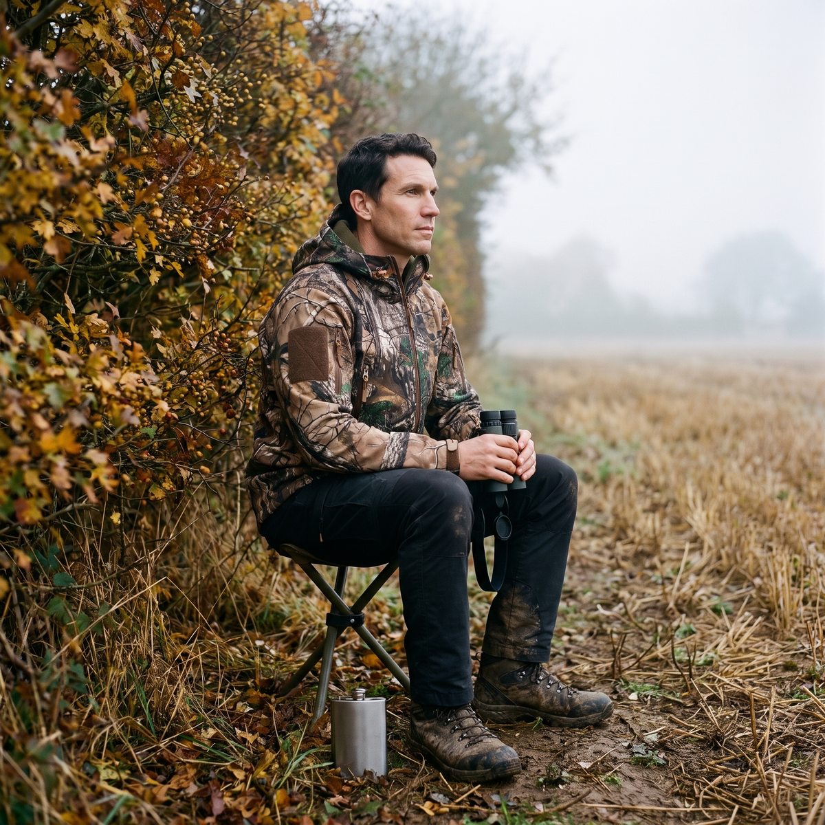 Man in the Leaf Camo jacket sitting at a hedgerow in the British countryside