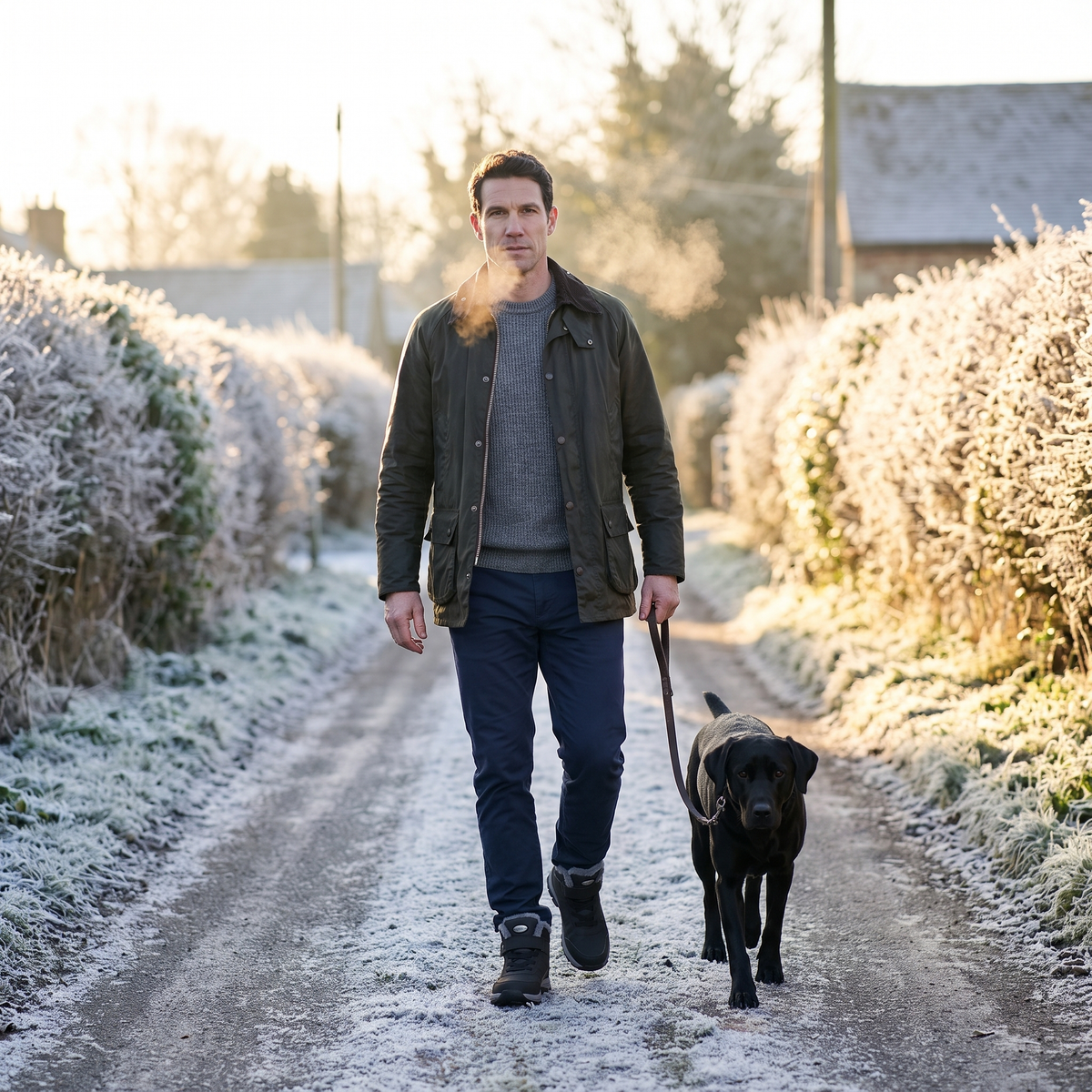 Man walking a black Labrador along a frosty village lane in Britain at first light in fur lined winter boots