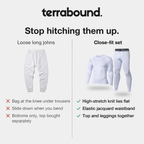 Loose long johns compared with the close-fit white long johns set: lies flat, elastic waistband, top and leggings together