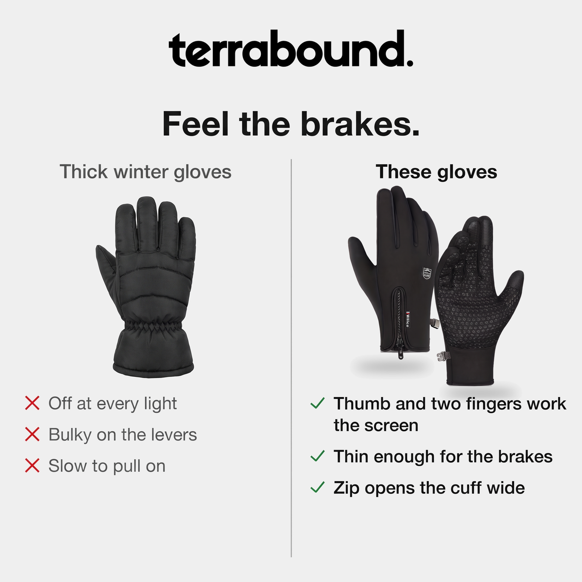 Thick padded winter gloves compared with these slim touchscreen cycling gloves