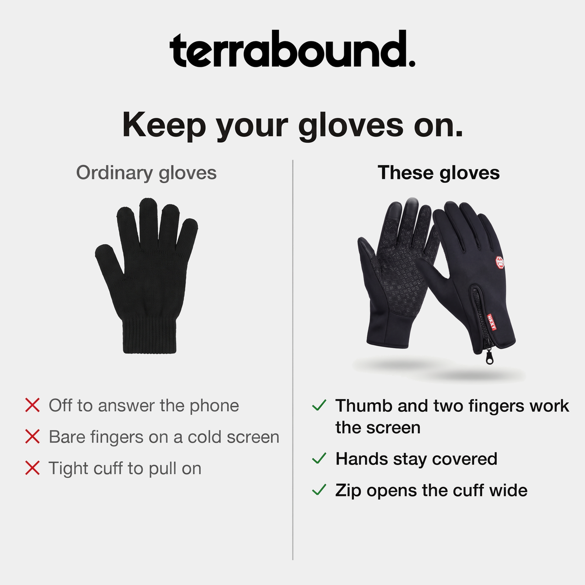 Ordinary knitted gloves compared with zip cuff touchscreen gloves