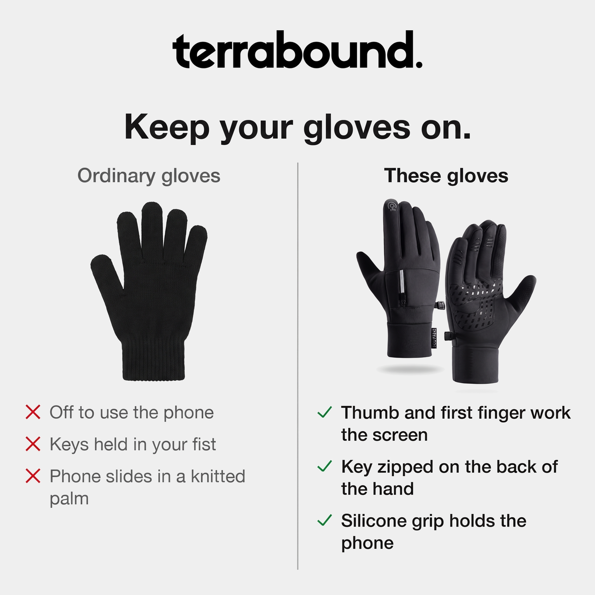 Ordinary knitted gloves compared with running gloves with zip pocket and grip palm