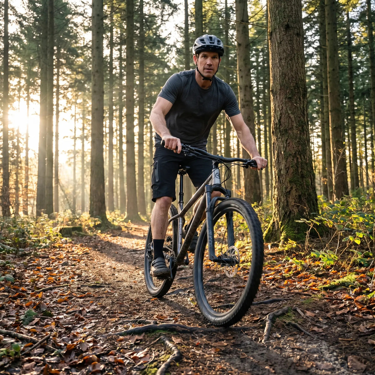Rider wearing the black MTB shorts on a forest trail in autumn