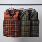 Tartan check hooded gilet in Burgundy Check, Olive Small Check and Olive Large Check