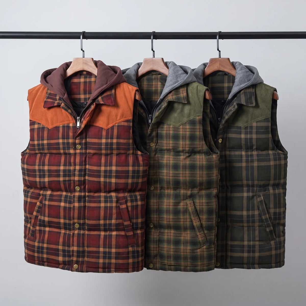 Tartan check hooded gilet in Burgundy Check, Olive Small Check and Olive Large Check