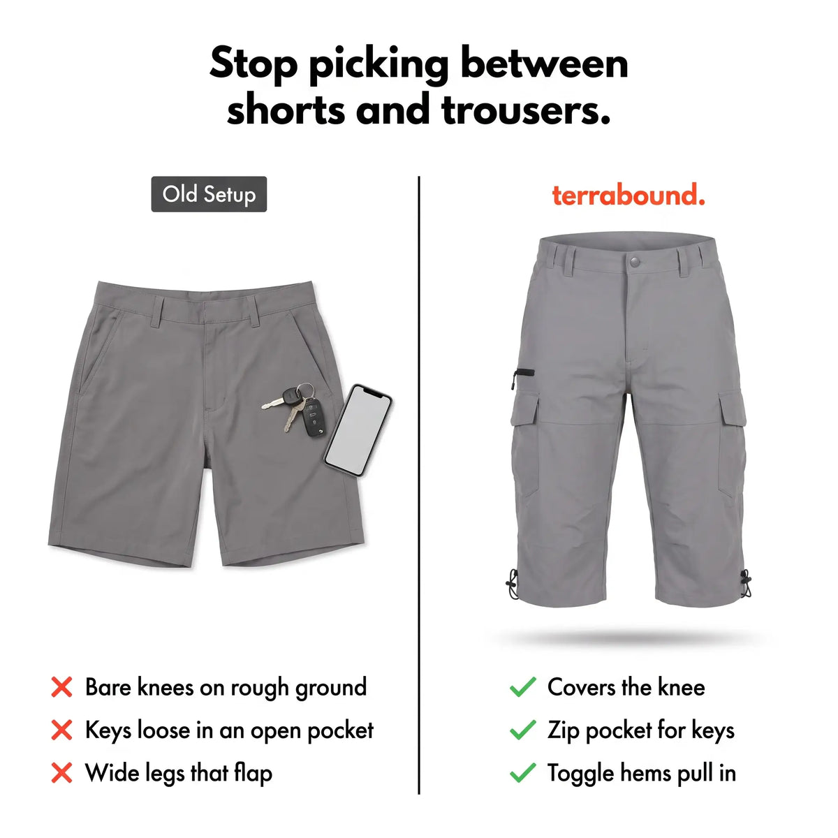 Ordinary shorts compared with Terrabound 3/4 cargo shorts