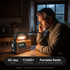 Man listening to the portable radio by its reading light in a kitchen during a power cut