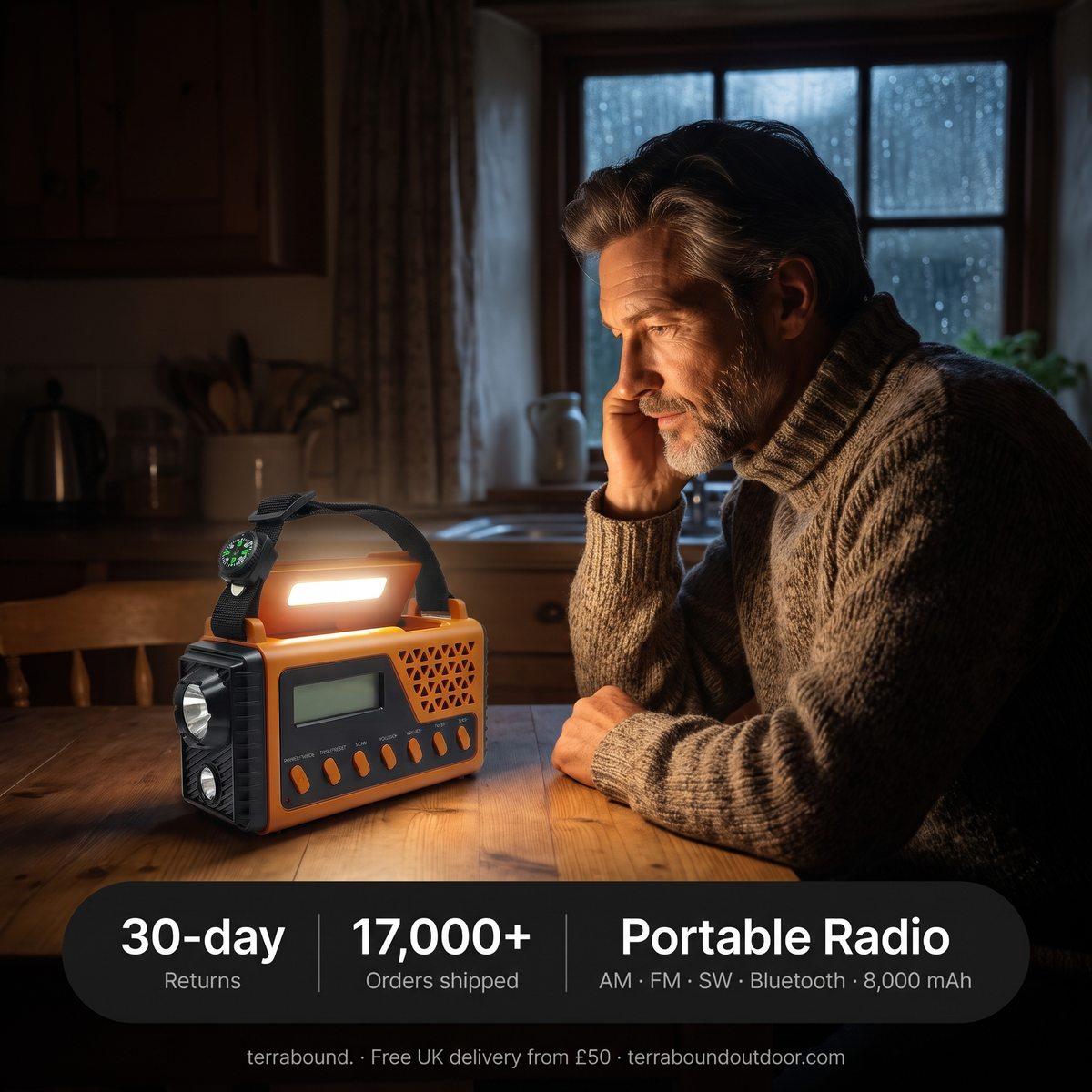 Man listening to the portable radio by its reading light in a kitchen during a power cut