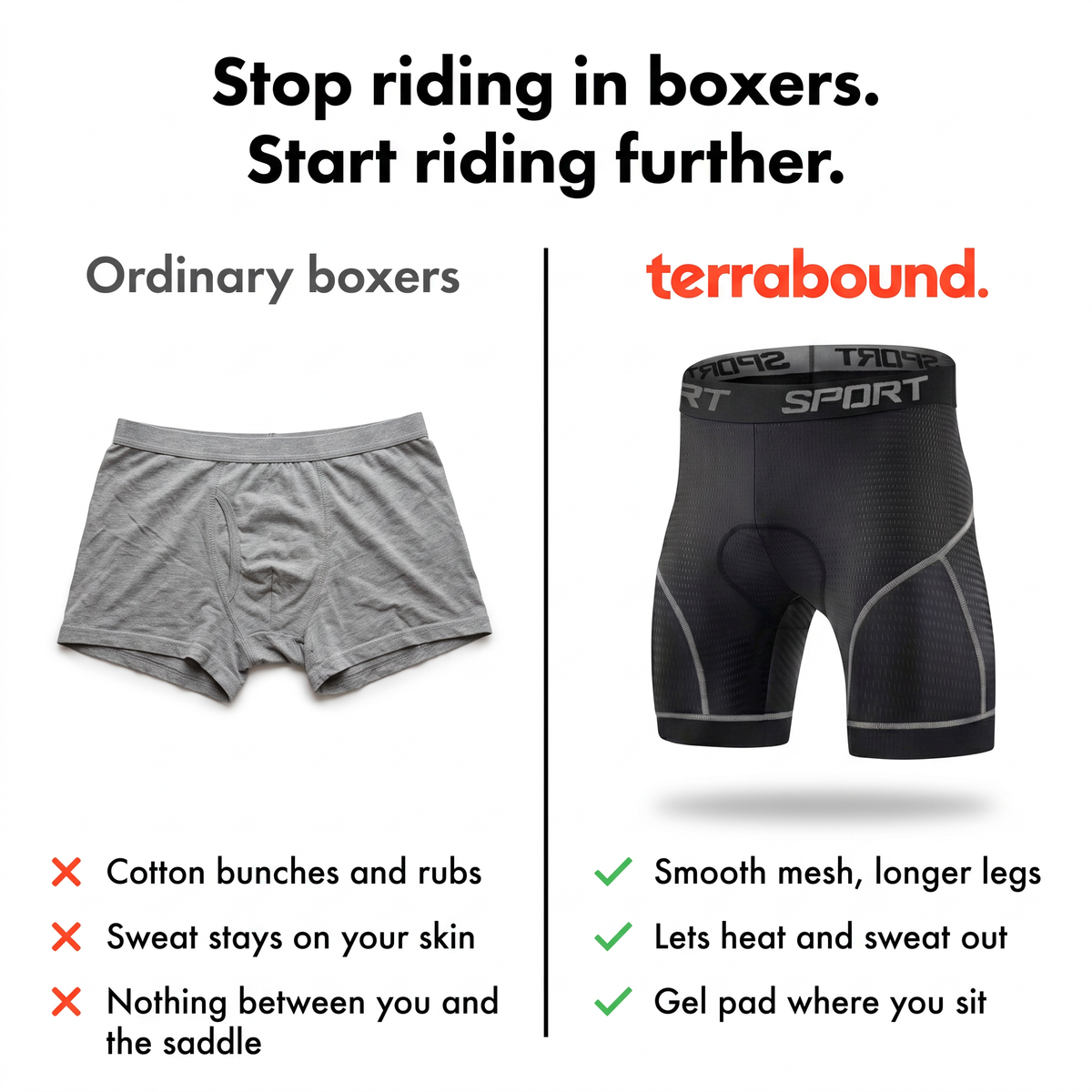 Comparison of ordinary cotton boxers and the Terrabound padded cycling liner shorts