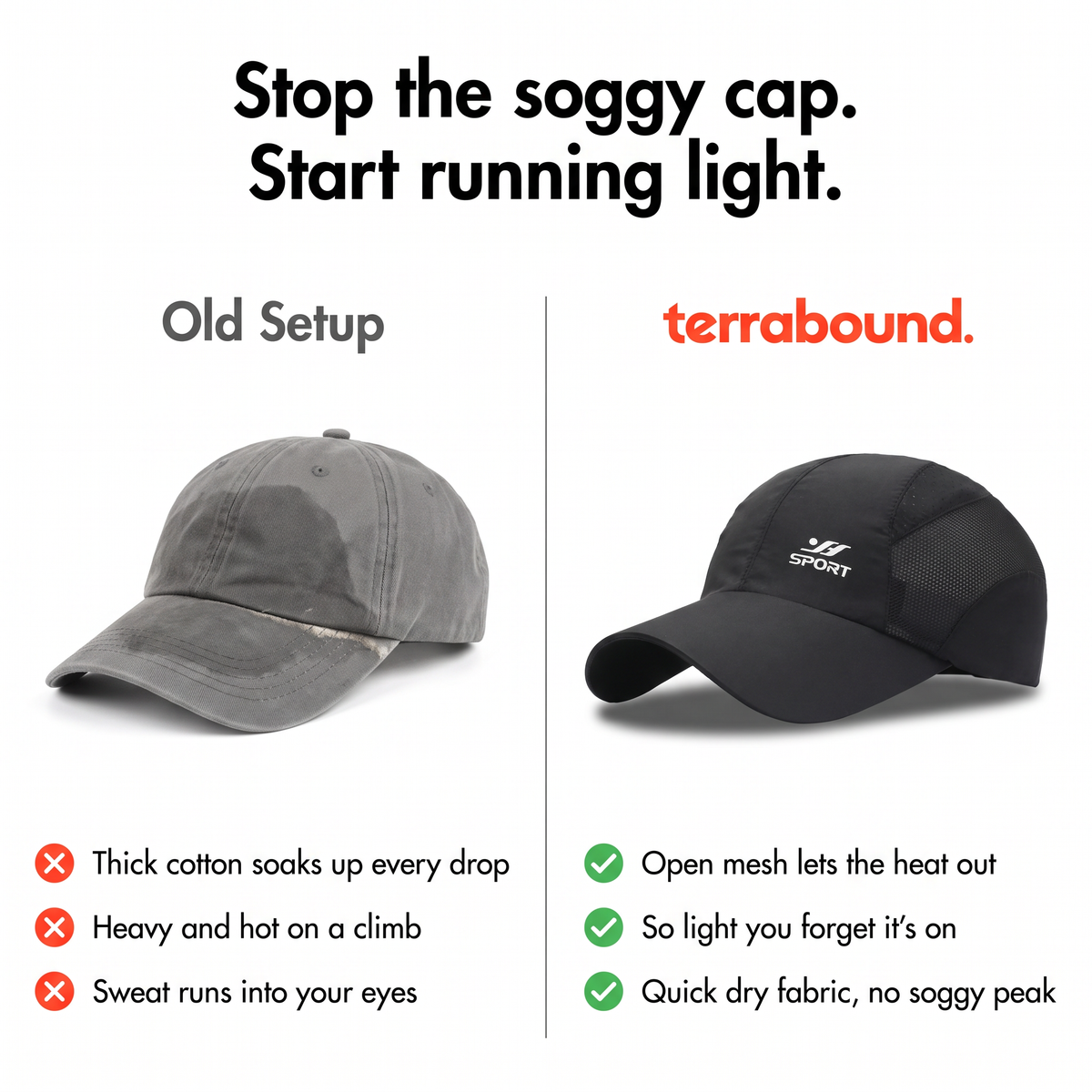 Comparison of a sweat-soaked cotton cap and the lightweight Terrabound running cap