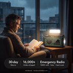 Man reading in an armchair beside the emergency radio's lit reading lamp, with 30-day returns and 16,000+ orders