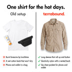 Comparison of a cotton T-shirt, sun cream and bum bag against the Terrabound men's fishing shirt