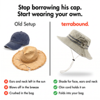 Comparison: a borrowed cap and a crushed straw hat versus the Terrabound sun hat
