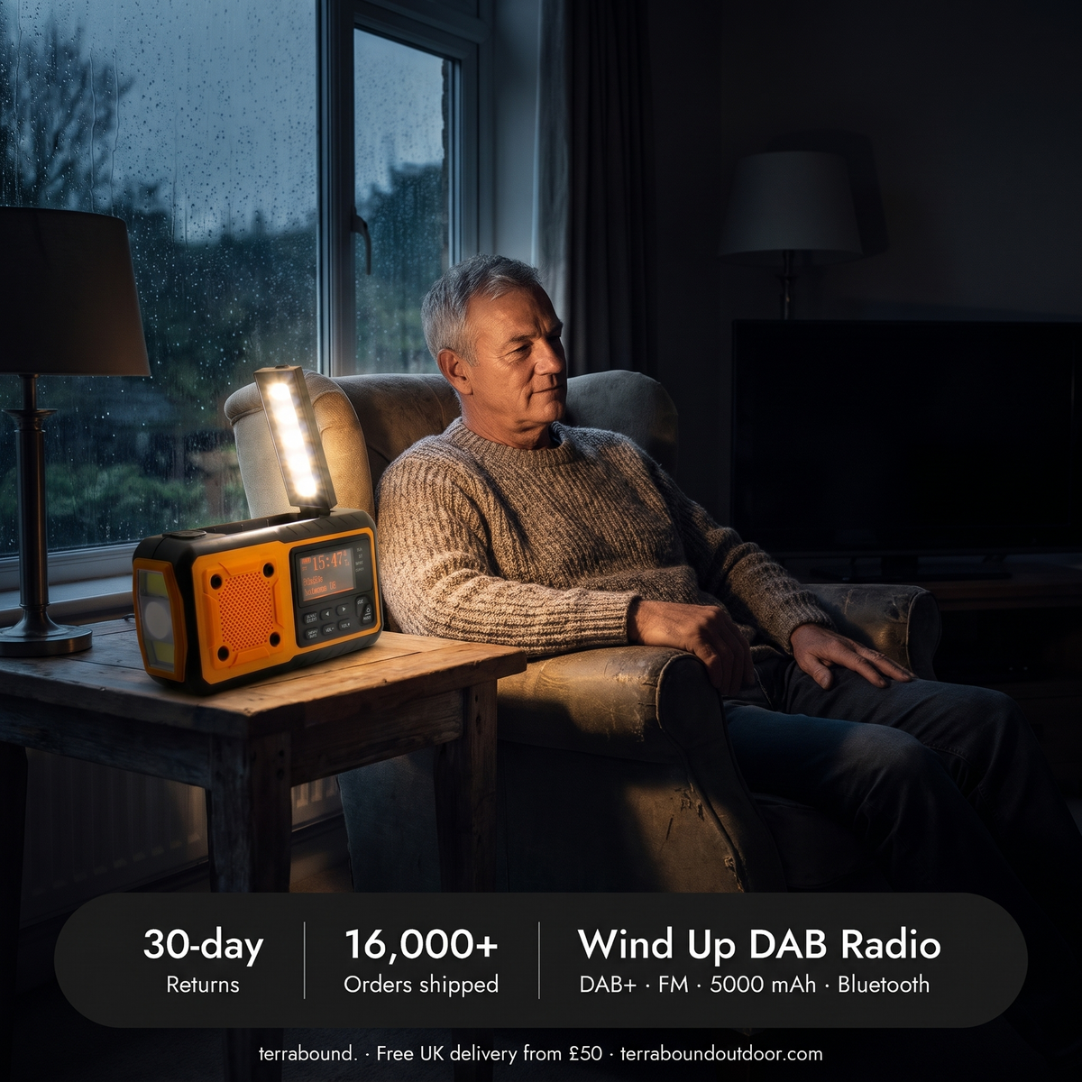 Wind up radio lighting a living room during a power cut, with returns and order details