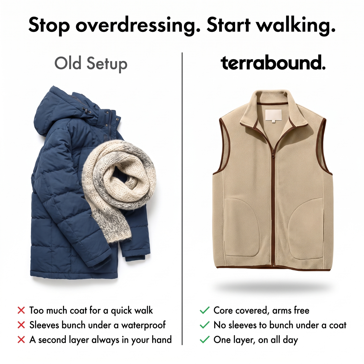 A heavy coat and scarf compared with the terrabound fleece vest