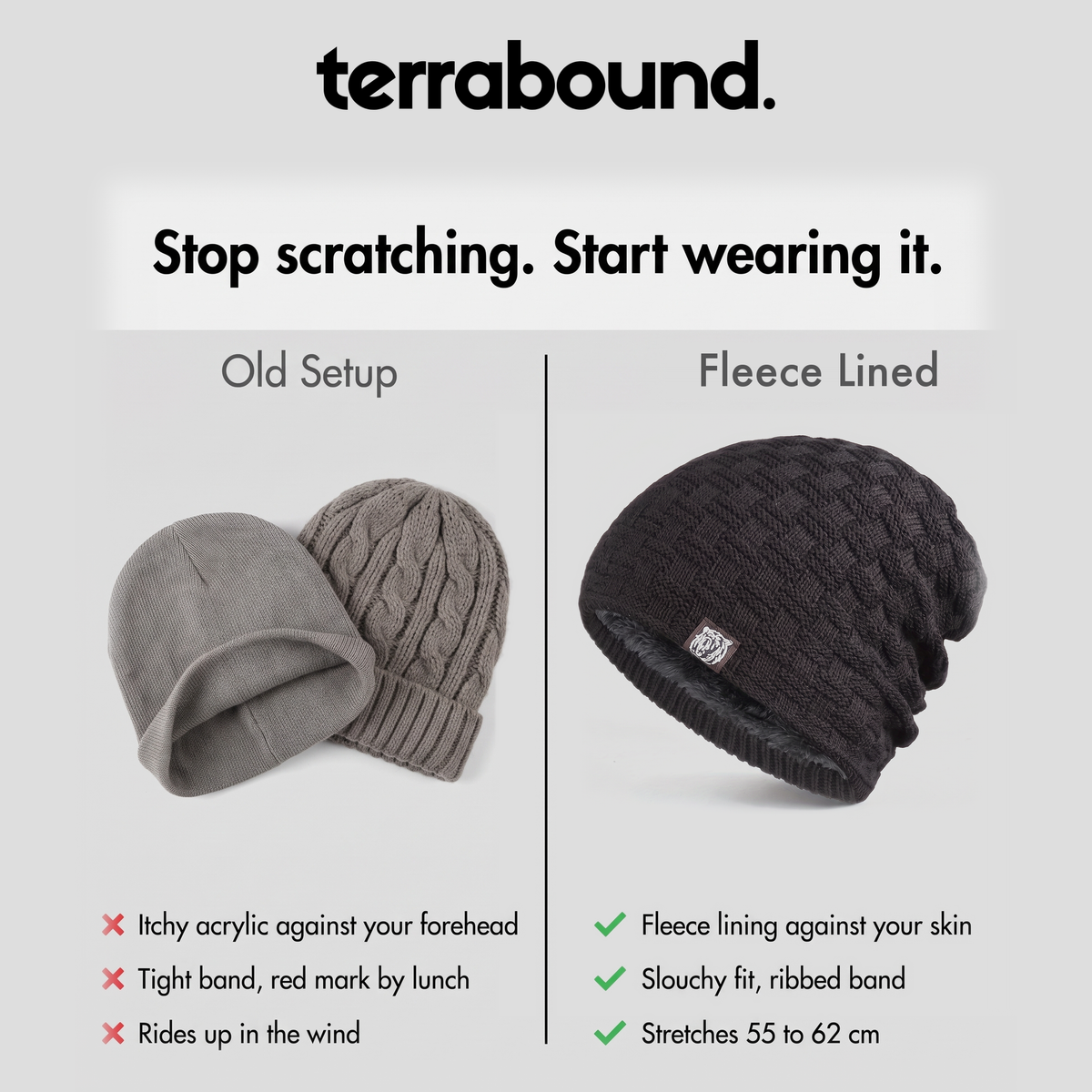 An unlined beanie compared with the fleece lined beanie