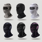 All six colourways of the thermal balaclava shown together: Light Grey, Black, Grey, Black Blue, Black Grey and Black Purple