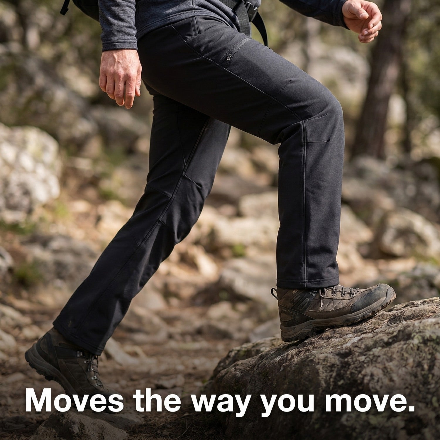 Stepping up onto rock, showing the stretch through the knee