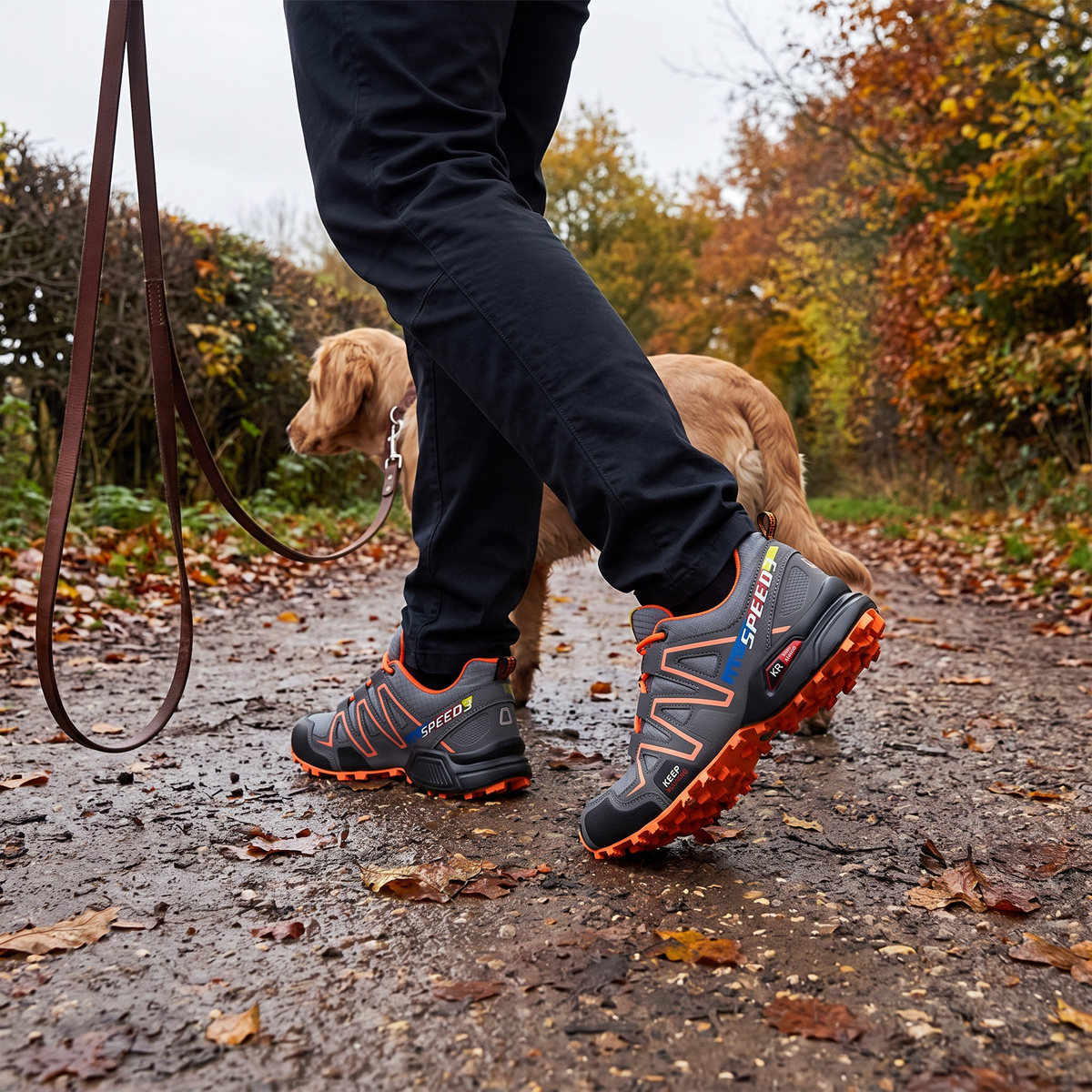 Trail shoe on a park path, dog walk