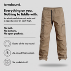 Everything on you, nothing to fiddle with - elasticated drawcord waist and zipped thigh pockets
