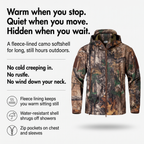 Camo softshell jacket features: fleece lining, water-resistant shell, zip pockets