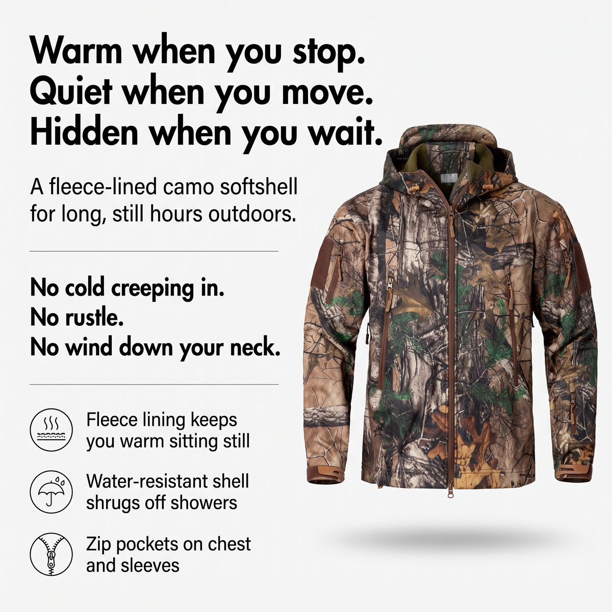 Camo softshell jacket features: fleece lining, water-resistant shell, zip pockets
