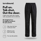 Pull on, tab shut, out the door - elastic waist, zip side pockets, reflective strips, ankle tabs
