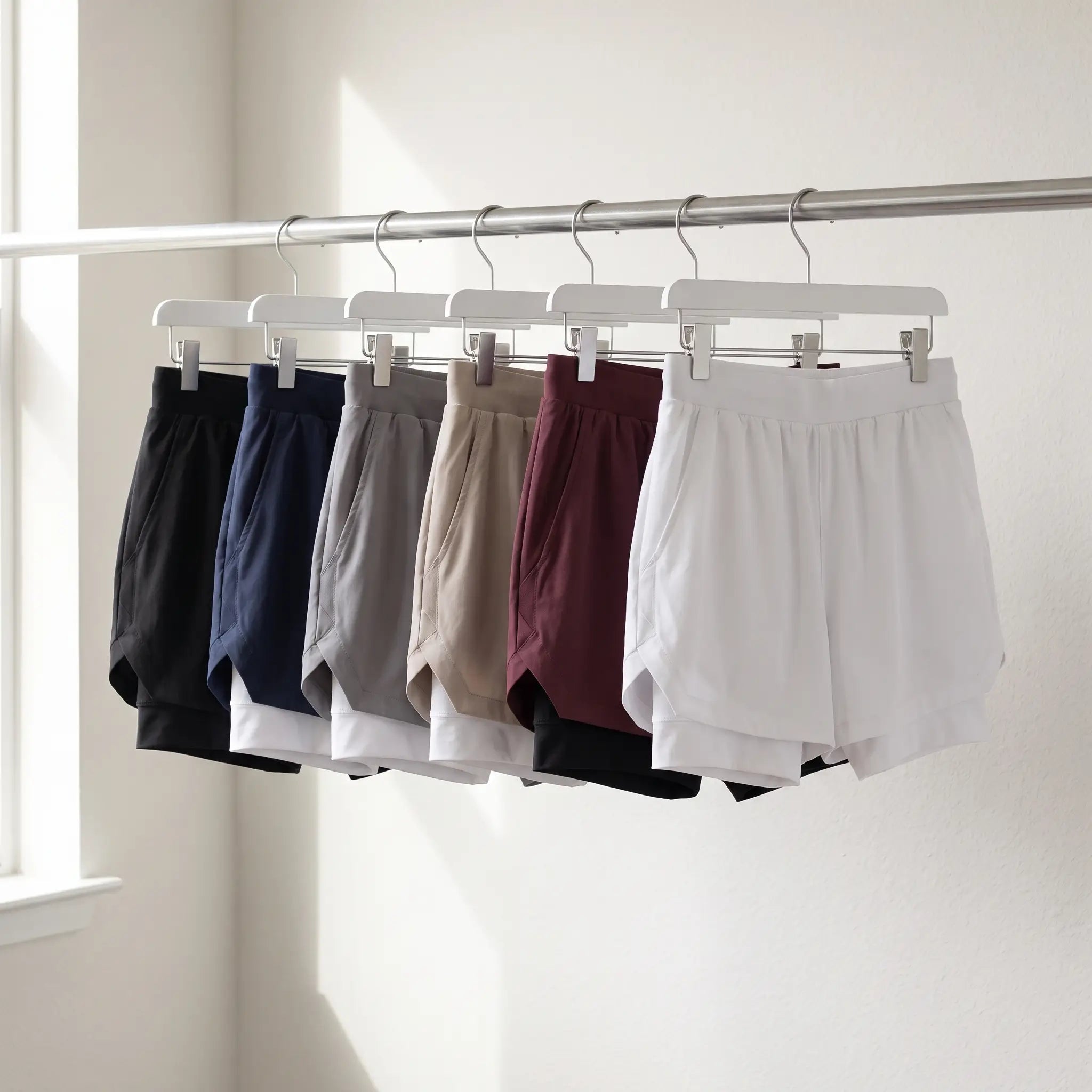 All six colourways of the 2 in 1 running shorts on a rail: Black, Navy, Light Grey, Khaki, Burgundy and White