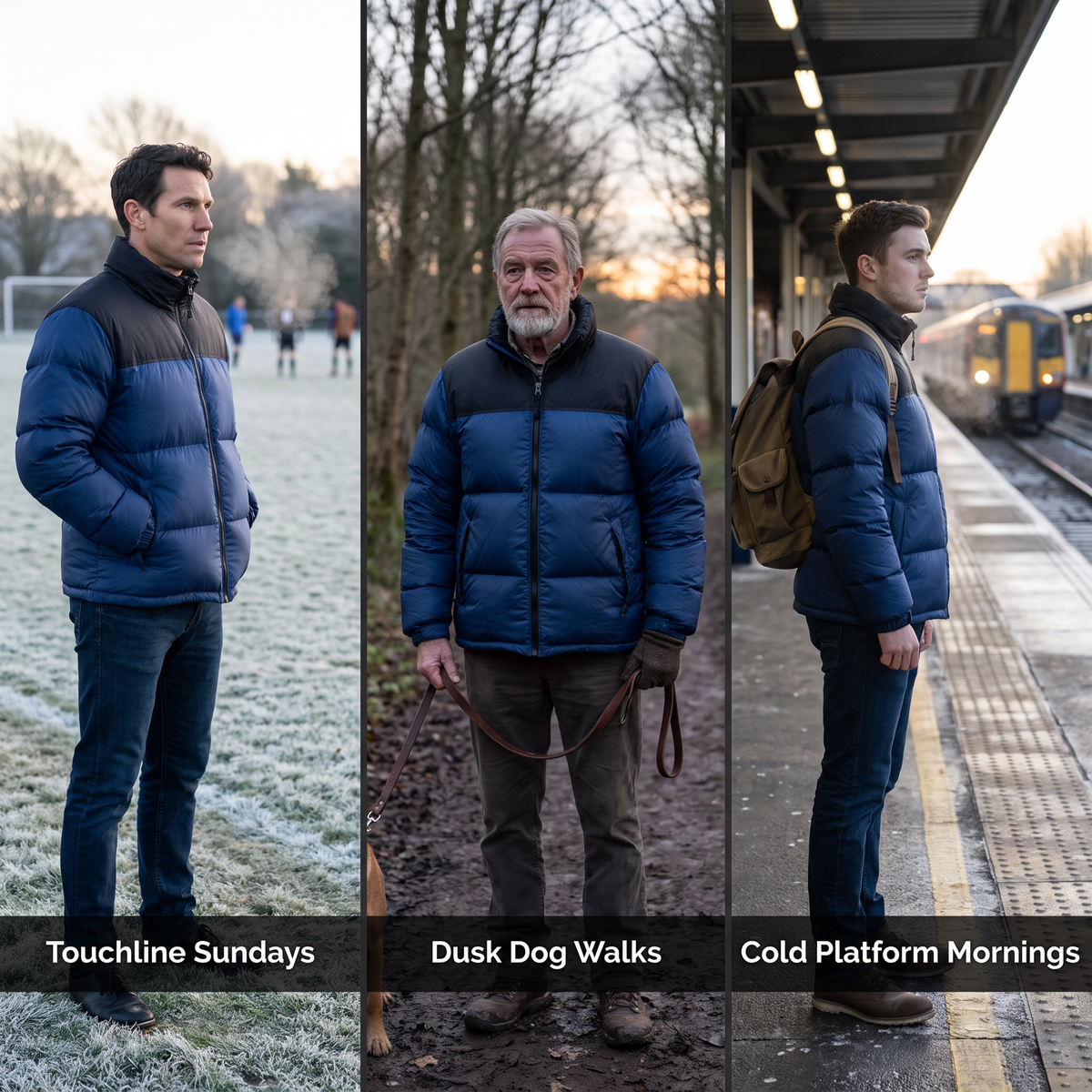 Three men wearing the colour block puffer jacket on a touchline, a dusk dog walk and a cold platform