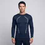 Man wearing the long sleeve running top in Navy Blue, front