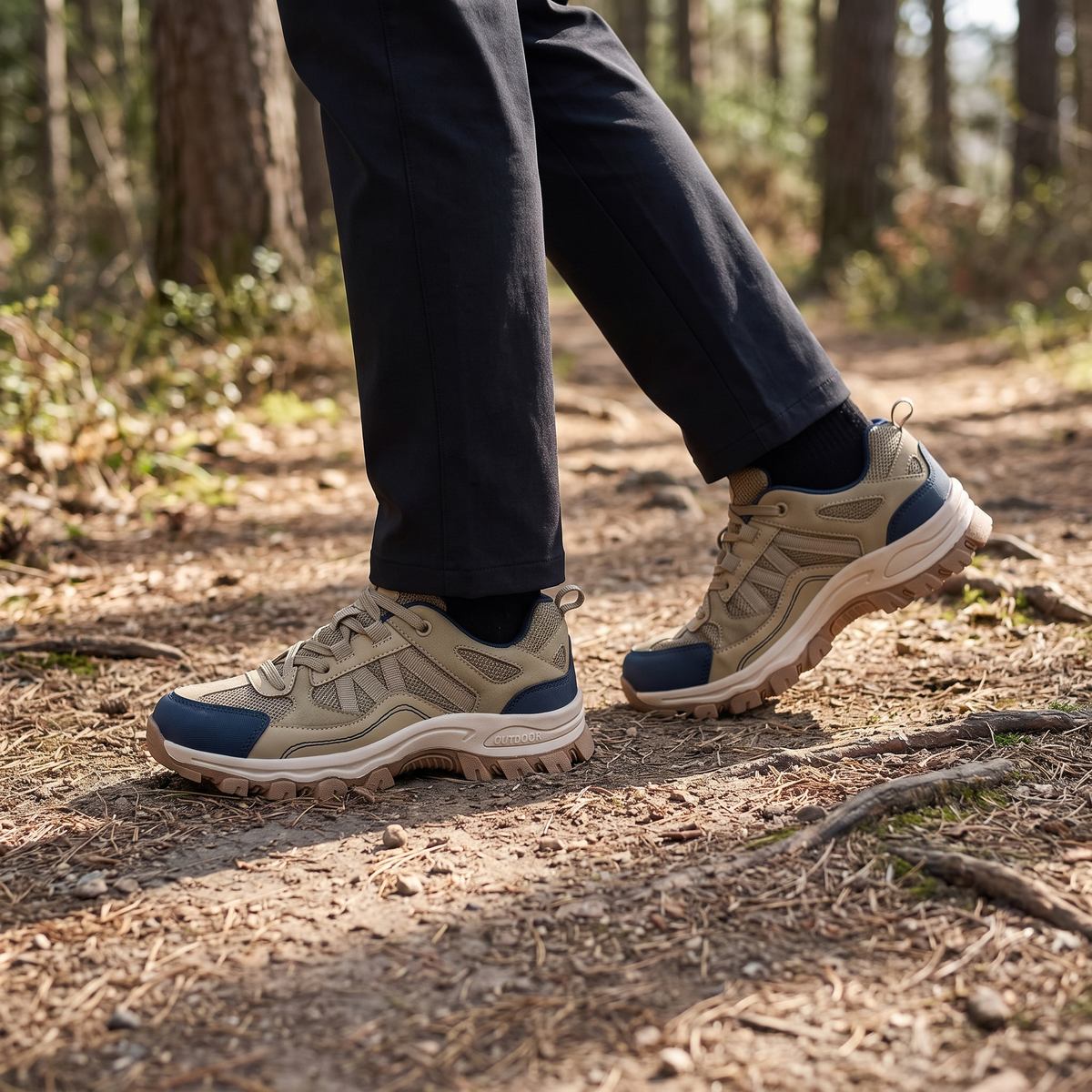 Lightweight Hiking Shoes - Khaki - on foot on a dirt trail