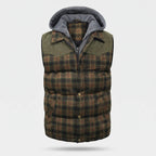 Men's tartan check hooded gilet in Olive Small Check - front view